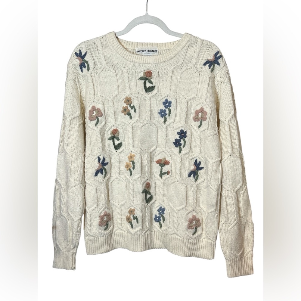 Alfred Dunner Stunner Cream Floral Knit Sweater Size L Cottagecore Grannycore